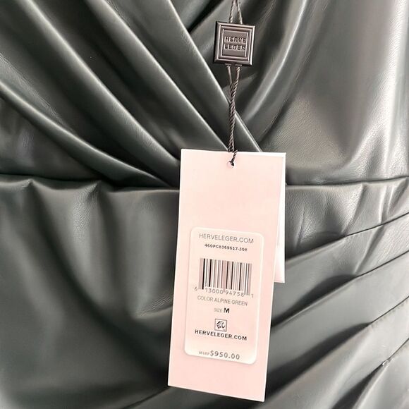 NWT Herve Leger Paris Vegan Leather Draped Dress M in Alpine Green - Picture 9 of 10